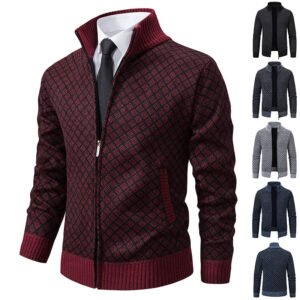 Thickened Plaid Print Jacket Cardigan Fashion Slim Fit Zipper Stand Collar Sweater Winter Men's Casual Long Sleeve Knitted Top Clothing