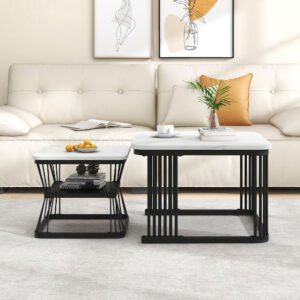 Nest Of 2 Tables  Square Coffee Table Coffee Table Set Nesting Sofa Table Multi-functional End Side Table Nesting Tables With Black Metal Frame Legs And Marble Pattern White Top For Living Room Home