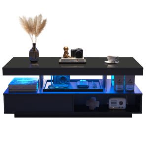 High Gloss Coffee Table Tea Side End Table With LED Lights, Rectangle Console Centre Wooden Sideboard For Living Room Black, 95x50x42.5cm